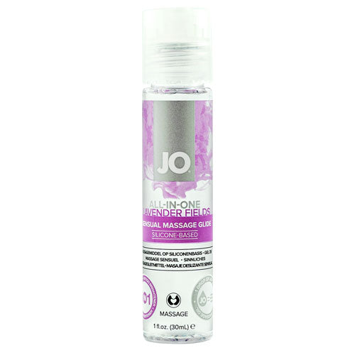 System JO All-In-One Massage Glide Lavender Fields 30ml bottle with lavender-themed design, showcasing its silicone-based formula for massages.